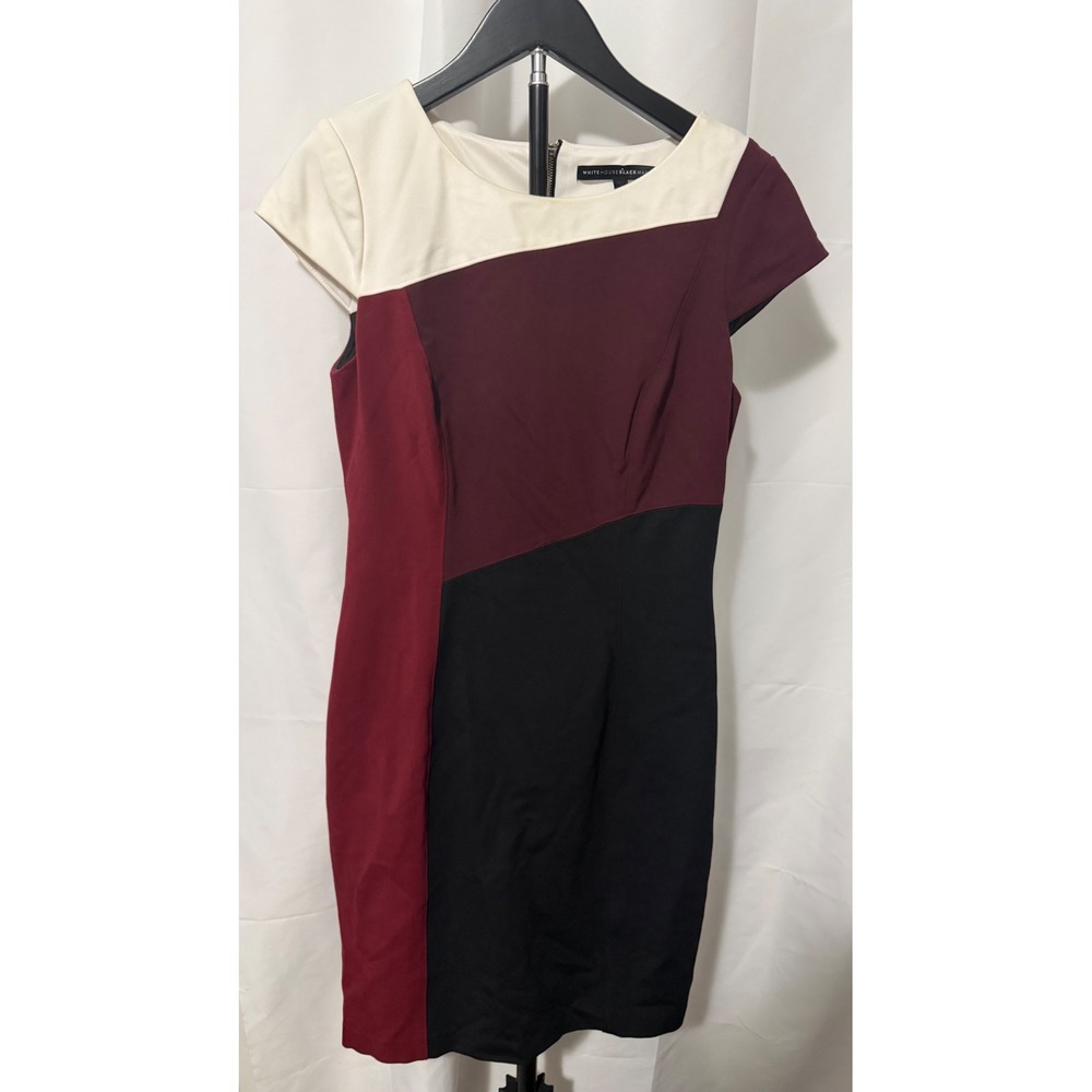 White House Black Market Colorblock Sheath Dress Burgundy Black Cream Size 4